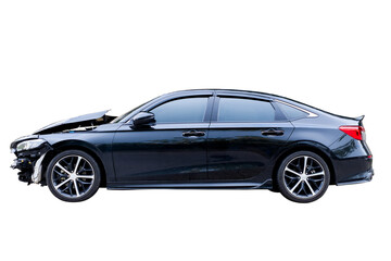 Fototapeta premium Car crash, Side view of black sedan car get damaged by accident on the road. damaged cars after collision. isolated on transparent background. PNG File