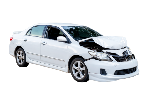 Car crash, Front and Side view of white sedan car get damaged by accident on the road. damaged cars after collision. isolated on transparent background, car crash bumper for graphic design