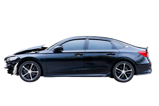 Car crash, Side view of black sedan car get damaged by accident on the road. damaged cars after collision. isolated on transparent background. PNG File