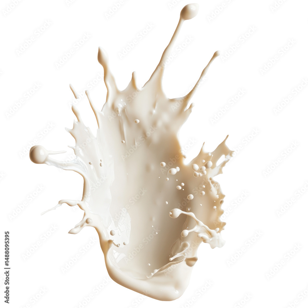 Poster white chocolate milk splash creating a dynamic pattern on a clean transparent background, white choc