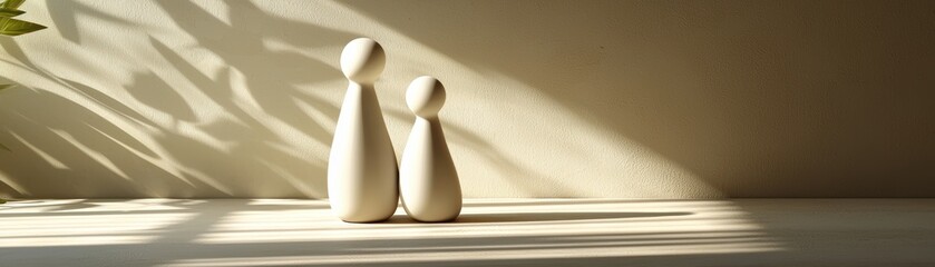 Minimalist figurines stand together on a sunlit surface with soft shadows and neutral tones, Mother's Day