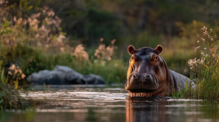 A massive hippopotamus partially submerged in calm river