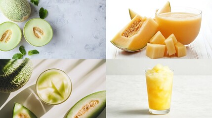 Collage of cantaloupe and honeydew melon variations, including juice and slushie