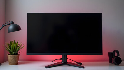 Black blank computer screen, red glowing light room interior, minimalist desk, modern working view.
