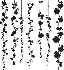 Silhouette Hanging Vines Vector: Floral Garland, Botanical Illustration, Wedding Decor, Elegant Plant Design, Black and White Clipart