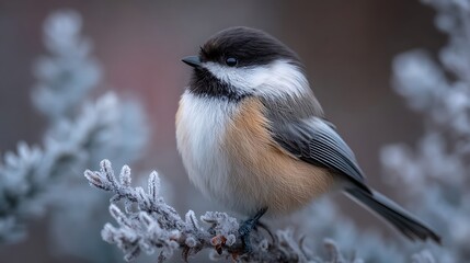 Naklejka premium Chickadee perched on a frosty branch on a cold day