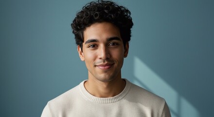 Obraz premium Close-up portrait of an attractive young man with dark curly hair, wearing a light-colored sweater, smiling gently against a solid light blue background.