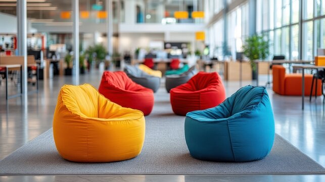Colorful bean bag chairs in modern workspace interior design