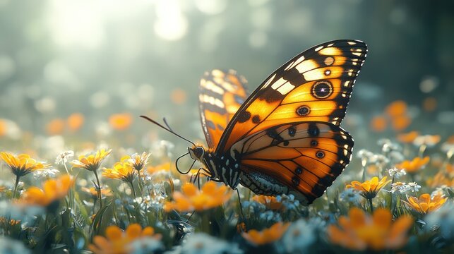 Butterfly on wildflowers in sunlight