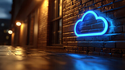 Glowing blue cloud symbol on brick wall at night, reflecting modern digital theme with urban ambiance and soft lighting