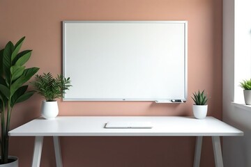 White melamine desk with magnetic whiteboard surface, modern, simple