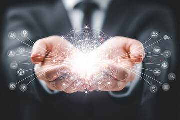 Futuristic network connections and digital innovation in businessman hand.