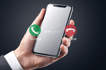 Hand holding smartphone with incoming call screen showing accept or decline.