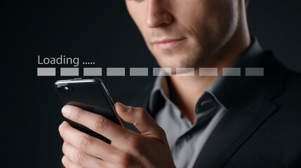 Man holding smartphone with loading progress bar, technology concept.