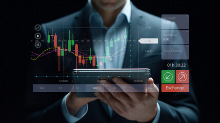Businessman trading on tablet with stock chart and digital financial data