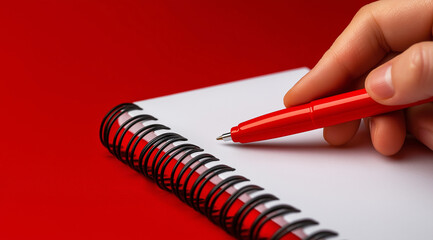 Uma mão segurando uma caneta vermelha está posicionada sobre um caderno espiral em branco sobre um fundo vermelho vibrante
