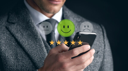 Man giving five-star customer service feedback on smartphone with smiley icons.