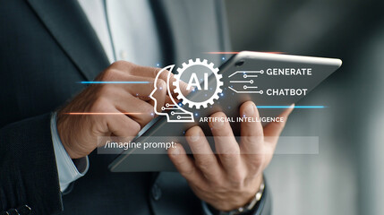 Businessman using tablet to generate AI chatbot with futuristic interface.
