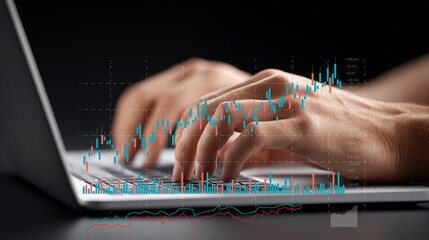 Businessman using laptop with financial stock trading chart.