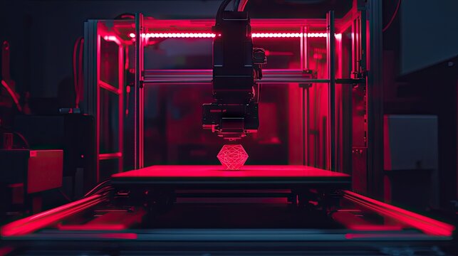 Red-lit 3D printer in action creating a geometric form.