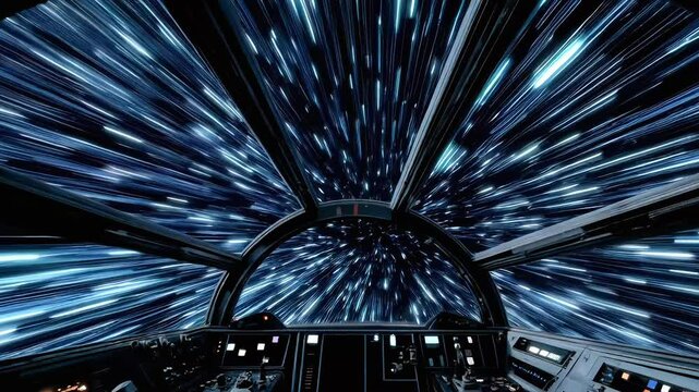 First-person view of a jump into hyperspace. Blurred stars stretch around as speed becomes infinite.