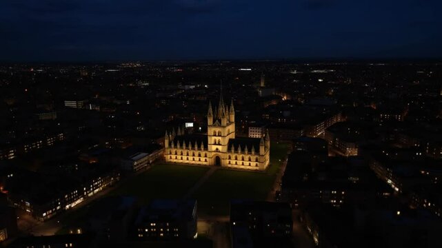 Aerial Footage of Illuminated Central Cambridge City of England UK During Night. March 21st, 2024