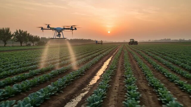 Aerial view of advanced irrigation systems watering agricultural fields with drones and sprinklers at sunset, showcasing smart farming technology and sustainable agriculture