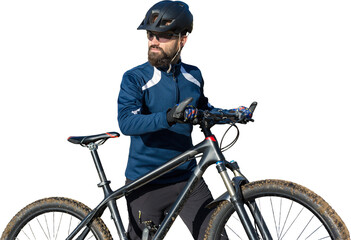Fototapeta premium Cyclist in pants and fleece jacket on a modern carbon hardtail bike with an air suspension fork rides off-road.