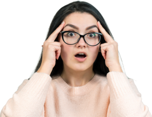 Portrait of a beautiful girl in a pink jumper, looks aside with pensive expression, is considering a plan for further action.
