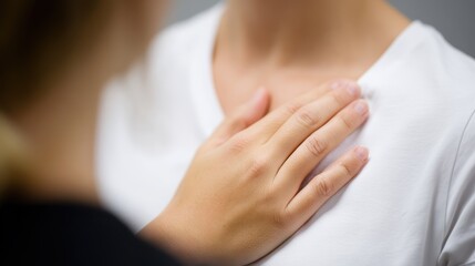 A close-up of a person receiving compassionate touch on their chest, symbolizing care and comfort, enhancing emotional healing and supportive interactions in a therapeutic context.