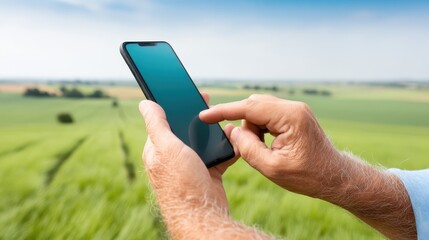 A close-up of a person's hands using a smartphone in a vibrant green field, showcasing the blend of technology and nature, perfect for illustrating modern communication.