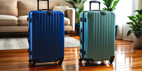 Two Stylish Wheeled Suitcases on Wooden Floor in Cozy Living Room


