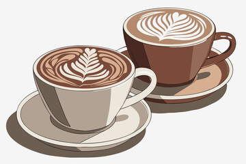 142 ceramic coffee cups with intricate latte art, realistic detailed illustration, warm tones, light reflections, high contrast, photorealistic, 8k resolution