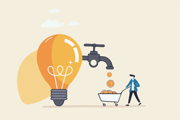 Startup company start generate revenue or income, business idea to make money, gain profit or create sales concept, businessman get money from revenue faucet flowing from lightbulb idea.