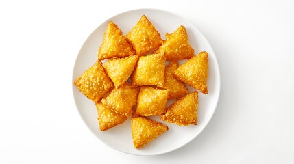 Plate of Crispy Golden Fried Samosas Arranged on White Background Viewed from Above
