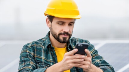 A construction worker in a hard hat and checkered shirt uses a smartphone while overseeing solar panel installation. The scene emphasizes modern technology in renewable energy.