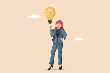 Woman with Copyrighted Idea Businesswoman Pointing to a Lightbulb with a Copyright Symbol, Representing Intellectual Property and Ownership.