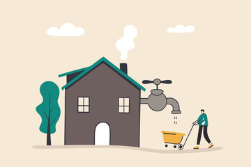 Make money from house rent or sale, real estate or property investment, housing revenue or profit earning, residential concept, rich businessman get money profit from faucet flow from house rental.