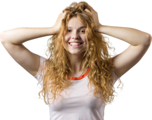 Happy young caucasian redhead female in summer shirt holds her head. Concerned girl looks cautiously to the side, feeling pressured and perplexed.