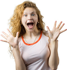 Portrait of an enthusiastic young girl screaming with joy over white background