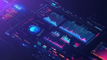 Obraz premium Interactive 3D Charts and Glowing Financial Data on Futuristic Holographic Dashboard 2