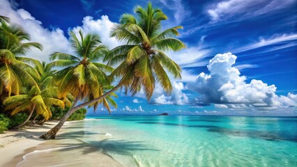Palm trees sway gently in the ocean breeze amidst a turquoise lagoon and a bright blue sky with fluffy white clouds