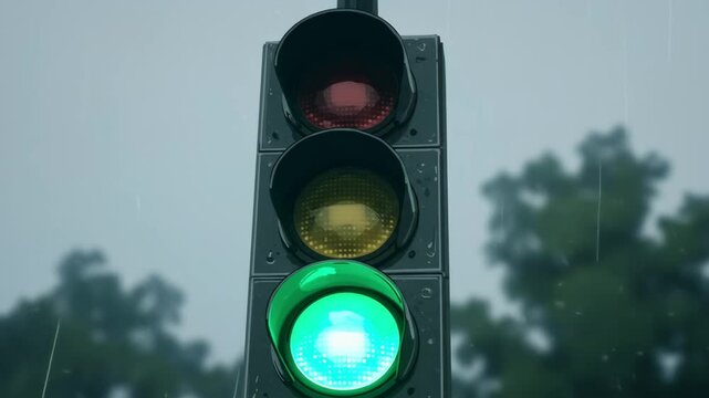 Animation of a traffic light showing red and yellow lights with raindrops falling against a blurred rainy background. Ideal for urban, weather, or traffic-related visuals.
