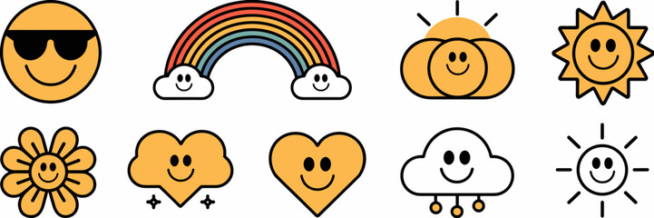 Fototapeta premium Vector icon set of cheerful symbols – Ideal for positivity campaigns, mental health content, or fun social media assets