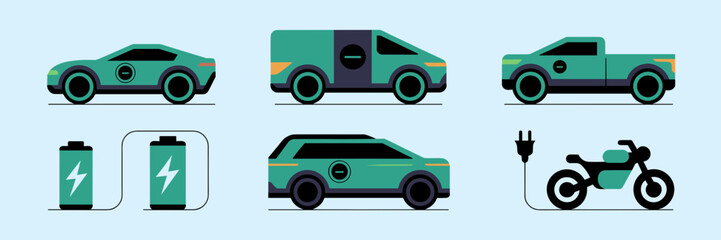 Icons of electric vehicles and charging elements – Great for EV-related presentations, sustainable transport content, or green tech education