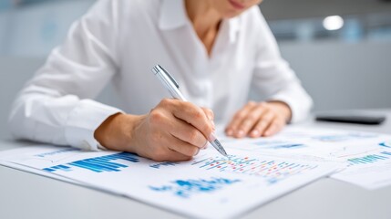 A focused professional analyzing data sheets in a modern office