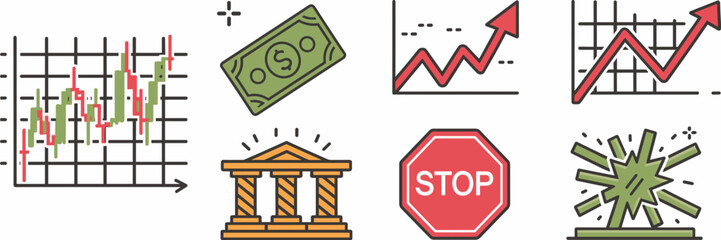 Vector icon sheet of stock market crash elements – Perfect for finance education, crisis simulations, or investment risk visuals