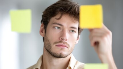 A focused young man examining colorful sticky notes on a wall, brainstorming and organizing thoughts in a modern workspace, representing creativity and productivity in the workplac