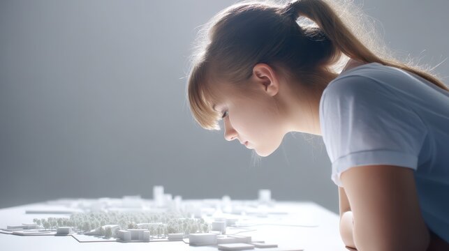 A focused young woman examines a detailed architectural model, showcasing her dedication and creativity in design