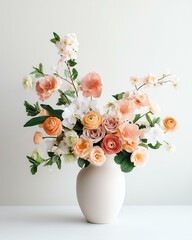 Naklejka premium Vibrant floral arrangement in a vintage style vase A beautiful arrangement of soft-colored flowers in a modern vase, adding elegance to any space and capturing nature's beauty.